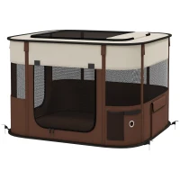 PawHut Parque para Mascotas con 6 Ventanas, 3 Puertas y 2 Bolsillos Portaobjetos, Poliéster y Acero, 74x60x45 cm, Marrón(m-6)