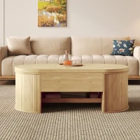 Table basse relevable avec étagère extensible et plateau de table réglable, Table basse avec côtés en bois courbés, 110x55,5x40 cm, Couleur naturelle(m-1)