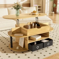 Table basse relevable, espace de rangement et tiroirs en tissu noir, 105x50x45 cm, Couleur naturelle(m-5)