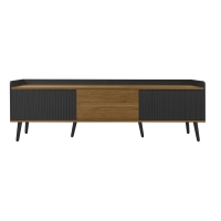 Mobile TV con 3 ante, gambe in legno e bordo rialzato, 160x39x49.5 cm, Color Legno e Nero