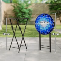 Outsunny Mosaic Outdoor Garden Table, 35.5cm Round Folding Coffee Table with Metal Frame for Balcony Terrace, Navy Blue(m-3)