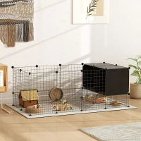 PawHut Recinto para pequeños animales, jaula modular para conejos 31 paneles con casetas elevadas, en acero, 140x70x52cm, negro(m-2)