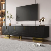 Mobile TV moderno con maniglie e gambe dorate, piedini regolabili, 160x38x44.5 cm, Nero(m-1)