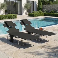 Outsunny 5-Position Adjustable Sun Loungers Set of 2 with Reading Hole and Side Pocket, Black(m-9)