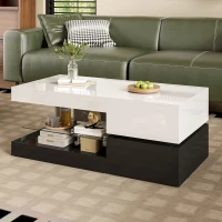 Table basse avec éclairage d'ambiance LED, étagère en verre & surface laquée brillante, 90x45x35,5 cm, Blanc+Noir(m-5)