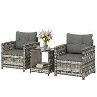 Outsunny Salón de Jardín Exterior 3 Piezas en Resina Trenzada Mesa y 2 Sillones con Cojines, 62x65x75cm, Gris Claro(m-8)