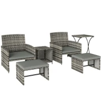 Outsunny 6 Piece Rattan Garden Furniture, Space-Saving Patio Furniture Set with Nesting Tables, Chairs, Stools, Cushions, Grey(m-1)