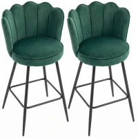 HOMCOM Set of Two Velvet-Feel Lotus Bar Stools - Dark Green(m-10)