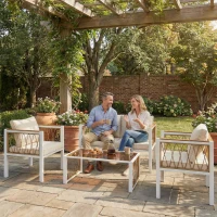 Outsunny Set mobilier grădină 4 piese Polyrattan lounge cu canapea 2 locuri, 2 fotolii, masă cu sticlă, perne detașabile, saltea antiderapantă(m-5)