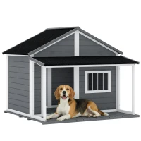 PawHut Niche pour Chien Extérieur avec Terrasse et Toit Bitumé Bois 124 x 112 x 105 cm Gris(m-11)