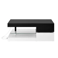 Table basse avec éclairage d'ambiance LED, étagère en verre & surface laquée brillante, 90x45x35,5 cm, Noir+Blanc(m-2)