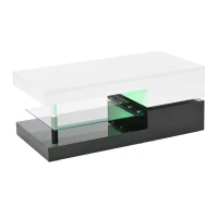Table basse avec éclairage d'ambiance LED, étagère en verre & surface laquée brillante, 90x45x35,5 cm, Blanc+Noir(m-8)