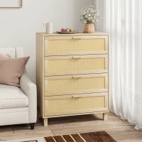 HOMCOM Cómoda 4 cajones rejilla de ratán dim. 80L x 40l x 103H cm MDF Aspecto Madera Clara(m-6)