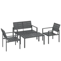 Outsunny 4 Piece Garden Furniture Set, Outdoor Sofa Set with HDPE Slatted Loveseat Armchairs Coffee Table Metal Frame, Dark Grey(m-1)