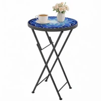 Outsunny Mosaic Outdoor Garden Table, 35.5cm Round Folding Coffee Table with Metal Frame for Balcony Terrace, Navy Blue(m-10)