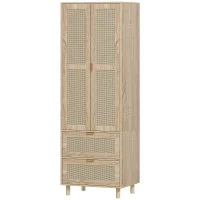 HOMCOM Armario dormitorio perchero con 2 puertas de ratán, 2 cajones y barra de colgar, 63 x 47 x 185 cm, madera natural(m-8)