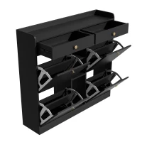 Mobile scarpiera con 4 ante a ribalta, 2 cassetti e 3 ripiani aperti, 110x26x100 cm, Nero(m-8)