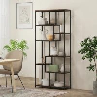 HOMCOM Seven-Tier Geometric Bookcase - Brown/Black(m-8)