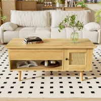 Table basse avec plateau relevable et portes en rotin, rangement pratique, 103x50x46 cm, Couleur naturelle(m-1)