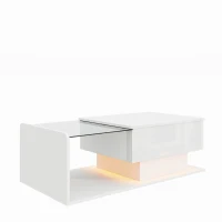 Tavolino da salotto regolabile in altezza, con piano in vetro e striscia LED, 100x50x33-47.5 cm, Bianco(m-8)