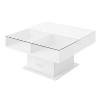 Tavolino da salotto regolabile e lucido con piano rialzabile e illuminazione LED, 78x78x45.5 cm, Bianco(m-11)