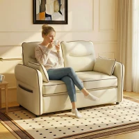 HOMCOM Sofá 2 Plazas en Piel Sintética con Acolchado Grueso, Bolsillo Lateral y 2 Cojines, 136x81x90 cm, Beige(m-2)