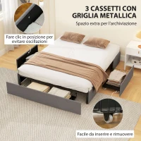 HOMCOM Struttura Letto Matrimoniale a Doghe con 3 Cassetti, in Legno, Poliestere e Metallo, 165x193x30 cm, Grigio(m-6)