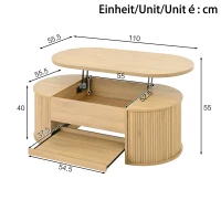 Table basse relevable avec étagère extensible et plateau de table réglable, Table basse avec côtés en bois courbés, 110x55,5x40 cm, Couleur naturelle(m-3)
