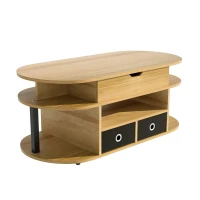 Table basse relevable, espace de rangement et tiroirs en tissu noir, 105x50x45 cm, Couleur naturelle(m-6)