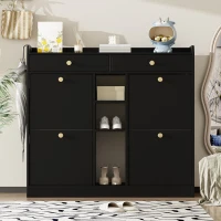 Mobile scarpiera con 4 ante a ribalta, 2 cassetti e 3 ripiani aperti, 110x26x100 cm, Nero(m-4)
