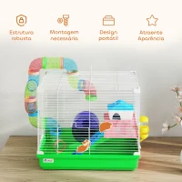 PawHut Gaiola para Hamster com Túnel Prato Bebedouro Casinha Rampa Roda de Exercício Bandeja Removível 46x30x37 cm Verde(m-7)