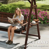 Outsunny 3 Seater Garden Swing Seat, Wooden Swing Chair Bench with Cushion, Side Trays and Metal Chains, for Outdoor Porch Patio, Carbonised Brown(m-6)