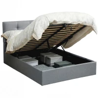 HOMCOM Lit coffre 140x190, cadre de lit double rembourré avec sommier à lattes en bois et rangement cach, sans matelas, gris(m-11)
