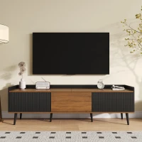 Mobile TV con 3 ante, gambe in legno e bordo rialzato, 160x39x49.5 cm, Color Legno e Nero(m-4)