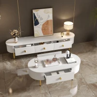 Set mobile TV e tavolino da caffè per soggiorno con cassetti e angoli arrotondati, Bianco e Oro(m-5)