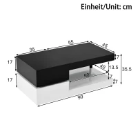 Table basse avec éclairage d'ambiance LED, étagère en verre & surface laquée brillante, 90x45x35,5 cm, Noir+Blanc(m-3)