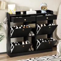 Mobile scarpiera con 4 ante a ribalta, 2 cassetti e 3 ripiani aperti, 110x26x100 cm, Nero(m-1)