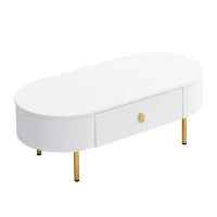 Set mobile TV e tavolino da caffè per soggiorno con cassetti e angoli arrotondati, Bianco e Oro(m-11)