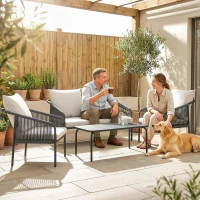 Outsunny Gartenmöbel Set 4-teilig Polyrattan Lounge-Set mit Zweisitzer 2 Sessel Couchtisch abnehmbar Kissen Bindebändern(m-8)