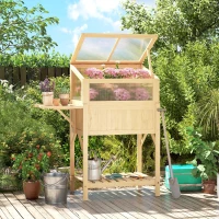 Outsunny Huerto elevado con cubierta tipo invernadero de madera, caja para plantas con invernadero abatible, mesa lateral y estante, madera natural(m-2)