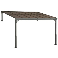 Outsunny 3.4 x 3 m Metal Lean-to Pergola, Wall-Mounted Garden Pergola with Polycarbonate Roof and Metal-Aluminium Frame, Heavy Duty Hardtop Gazebo for Outdoor Patios, BBQ, Brown(m-1)