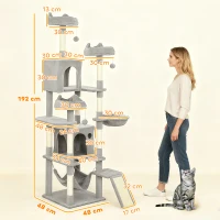PawHut Cat Tree, 192 cm Large Multi-Level Cat Tower for Indoor Kittens with 8 Scratching Posts, 3 Plush Beds, 2 Hammocks(m-3)