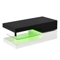 Table basse avec éclairage d'ambiance LED, étagère en verre & surface laquée brillante, 90x45x35,5 cm, Noir+Blanc(m-7)
