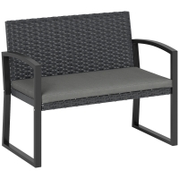 Outsunny Banco de jardín 2 plazas, banco exterior en resina trenzada PE con cojín, acero galvanizado, 103x58x78cm, gris y negro