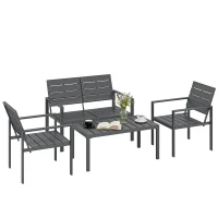 Outsunny 4 Piece Garden Furniture Set, Outdoor Sofa Set with HDPE Slatted Loveseat Armchairs Coffee Table Metal Frame, Dark Grey(m-10)
