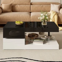 Table basse avec éclairage d'ambiance LED, étagère en verre & surface laquée brillante, 90x45x35,5 cm, Noir+Blanc(m-5)