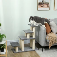 PawHut Escalera para Mascotas Ajustable de 3/4 Peldaños Escalera para Gatos con Postes Rascadores Bola Colgante Gris(m-2)
