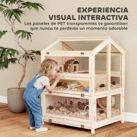 PawHut Jaula para Hámster de Madera de 3 Niveles con Bebederos Casetas Balancines Bandeja Extraíble y Tapas Abatibles Natural(m-8)