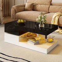 Table basse avec éclairage d'ambiance LED, étagère en verre & surface laquée brillante, 90x45x35,5 cm, Noir+Blanc(m-1)