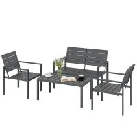 Outsunny 4 Piece Garden Furniture Set, Outdoor Sofa Set with HDPE Slatted Loveseat Armchairs Coffee Table Metal Frame, Dark Grey(m-11)